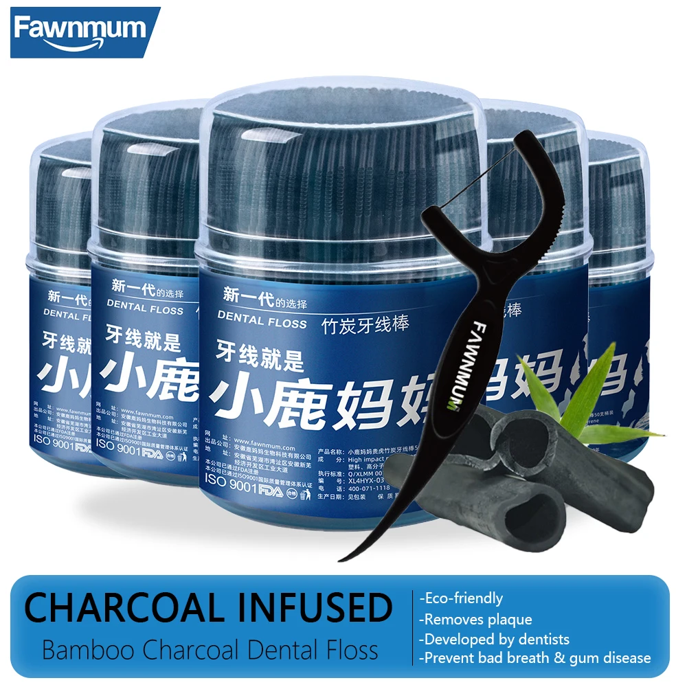 Dental Cleaning Tools 50Pcs Fawnmum Bamboo Charcoal Dental Floss Picks Barreled Interdental Brush For Teeth Care Toothpicks