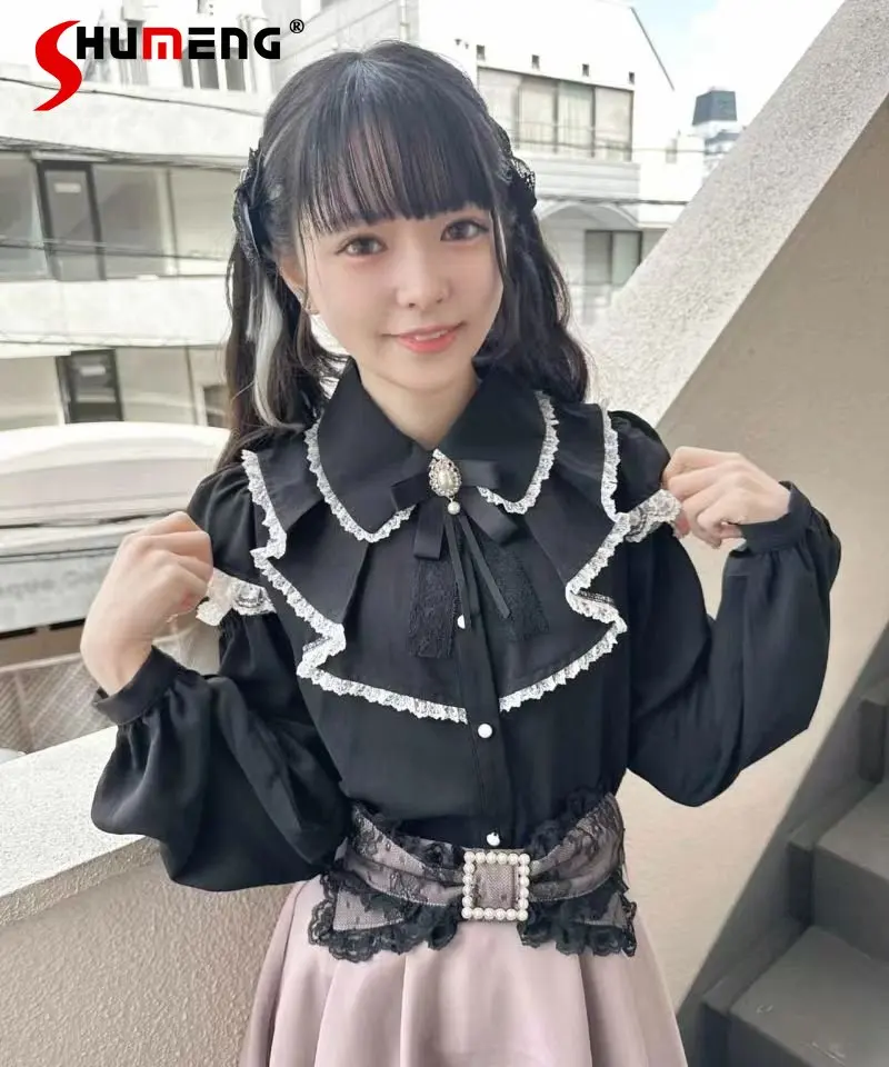 

Japanese Lolita Mine Style Ruffled Lace Bow Lace Shirt Women Long Sleeve Slim Blouse Shirt Lady Blusas