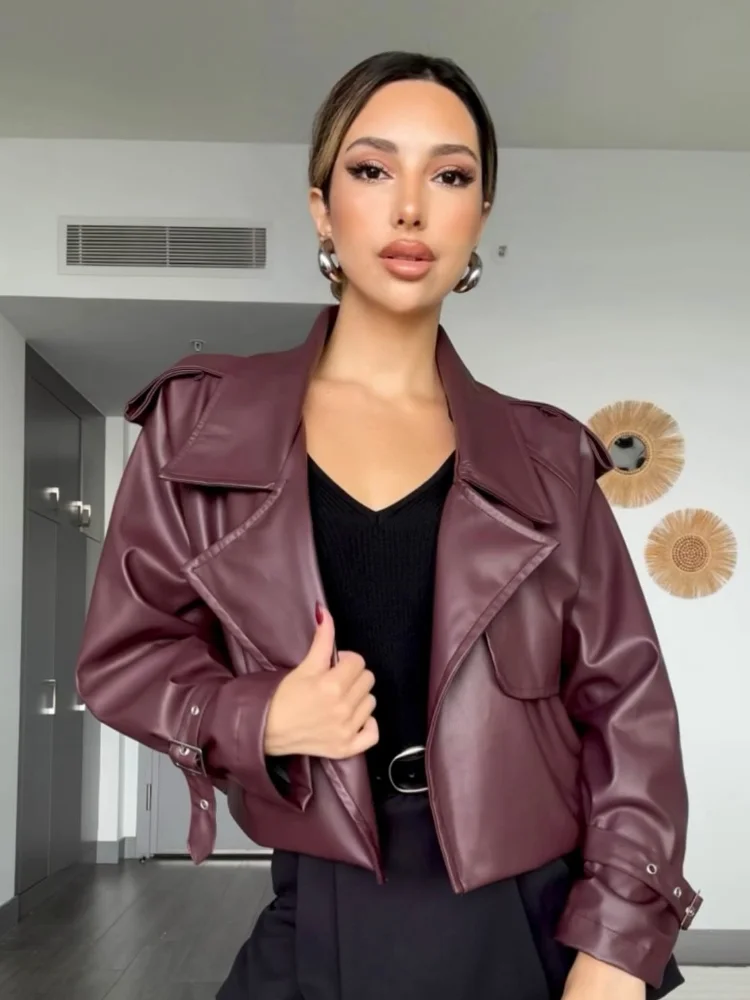 Women Retro Burgundy Leather Short Jacket Fashion Big Lapel Full Sleeves Pocket Loose Coats Lady Autumn Chic High Street Outwear 5