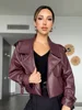 Women Retro Burgundy Leather Short Jacket Fashion Big Lapel Full Sleeves Pocket Loose Coats Lady Autumn Chic High Street Outwear 5