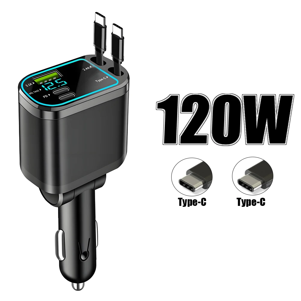 KEBIDUMEI M4 Geri Çekilebilir Araç Şarj Cihazı 5-IN-1 Hızlı Şarj Kablosu, Yıldız Işığı USB PD Bağlantı Noktası Tip-C Güç Adaptörü Telefon Şarj Cihazları