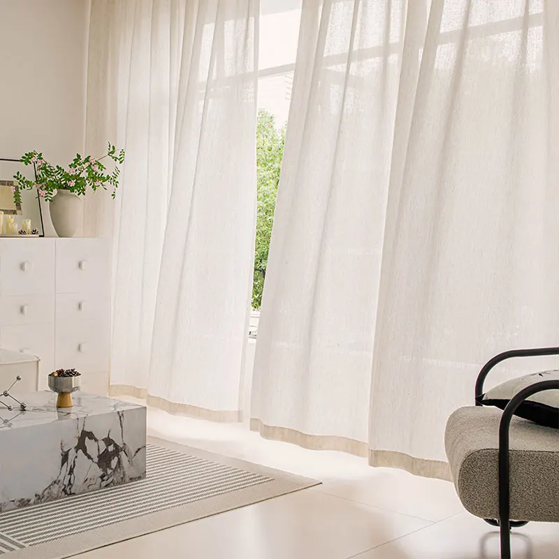 1Panel Japanese Style Living Room Thick Linen Curtains, Bedroom Curtains, Hotel Linen Beige Sheer Curtains 2