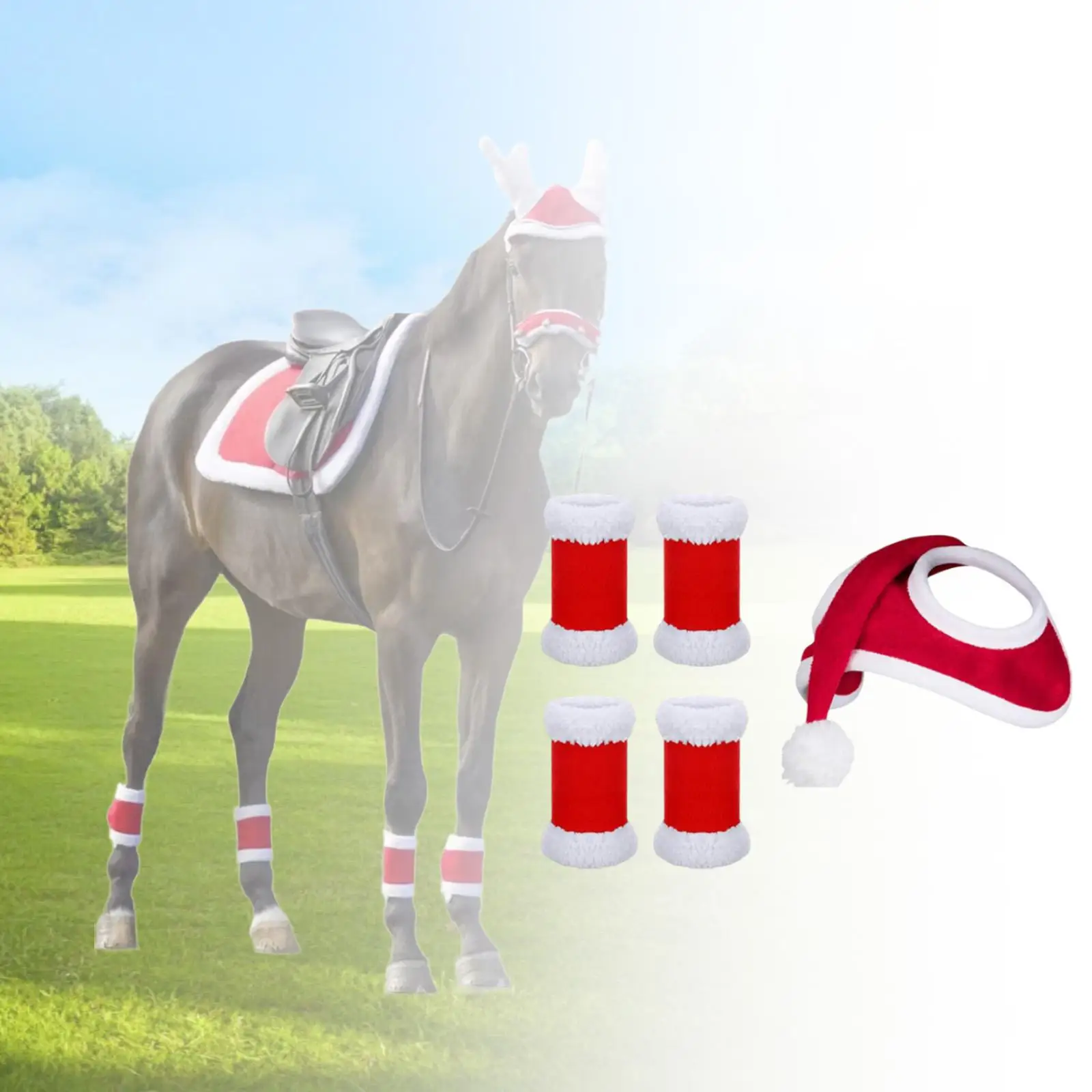 Horse Christmas Hat 4Pcs Horse Leg Wraps Thick Headwear Velvet Fly Leg Boots Wrap Leg Guard for Party Favors Parade Supplies 2