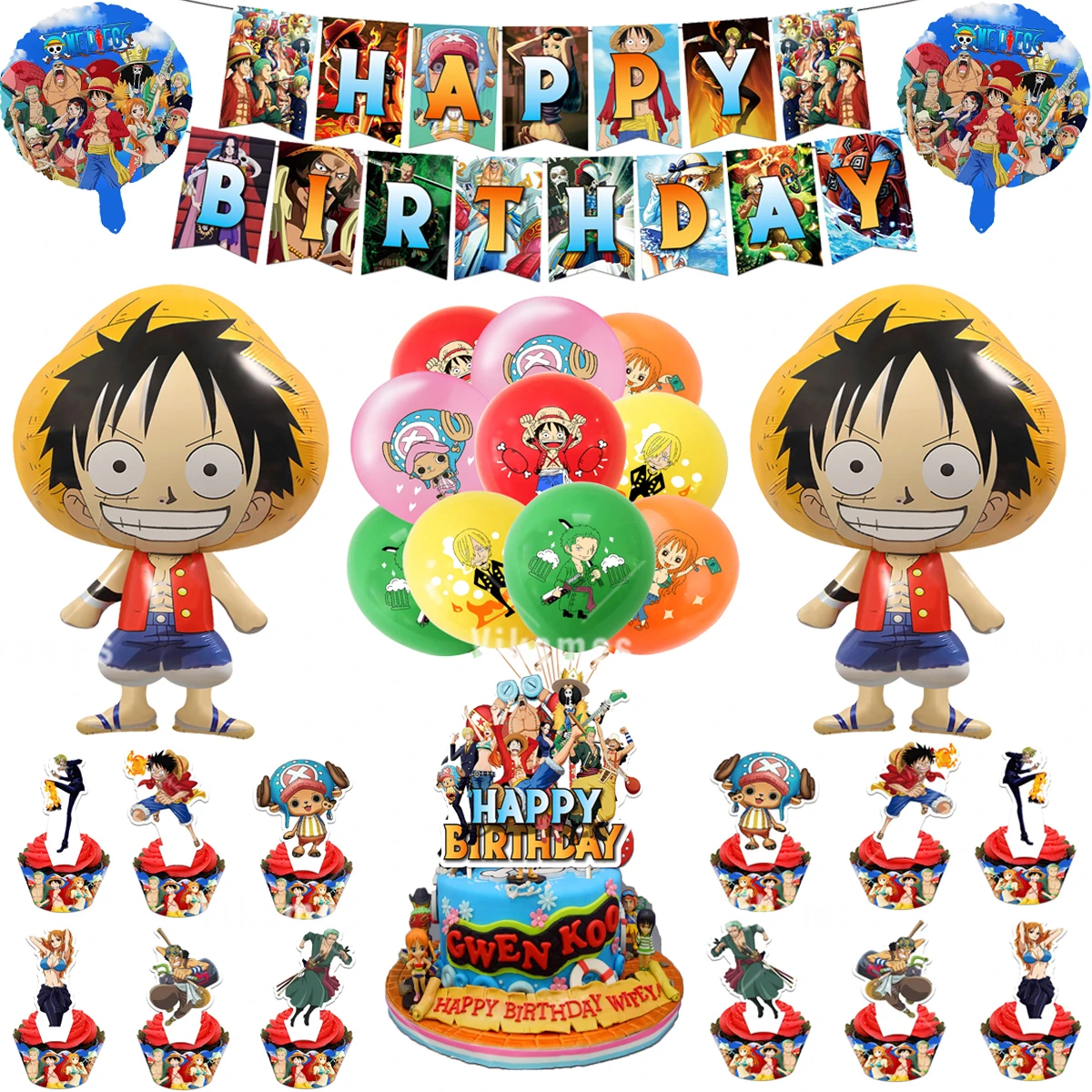 thumbnail image 1 of Decoraciones para fiesta de cumpleaños con temática de Luffy de ONE PIECE, vajilla desechable, juguetes para bebés, vasos de papel, platos, servilletas y suministros de fondo, 1 of 5