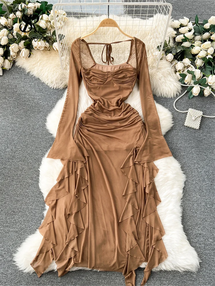 【EEUN】Shirring Span Dress SINGREINY 2024 Summer Mesh Split Sexy Dress Ladies Squre