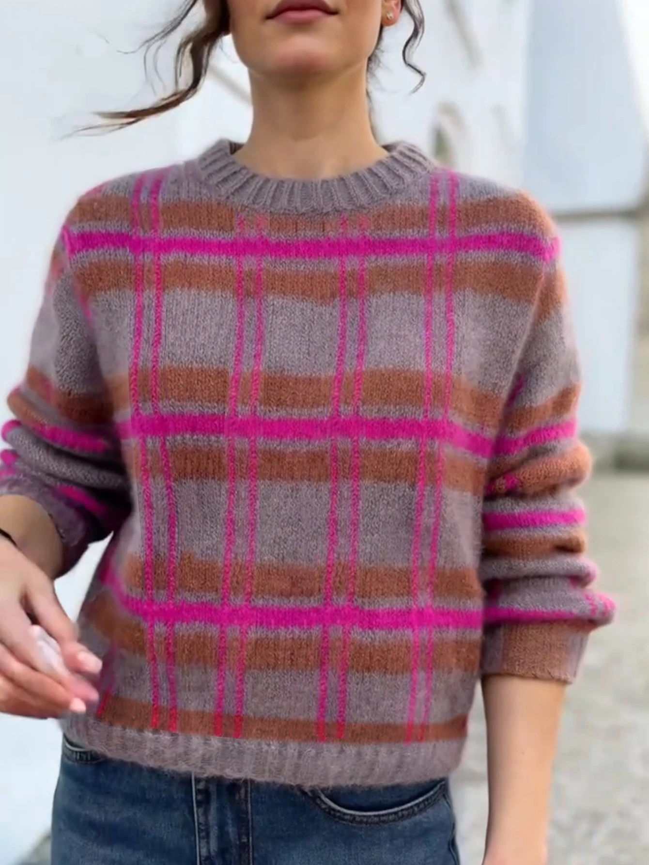 New Autumn and Winter Niche Knit Cardigan for Women, Designed in a Lazy Style, Purple Striped Pattern, Straight Round Neck Design, Pullover Top, Casual and Elegant Autumn/Winter Top, Basic Versatile Style for Urban Commuting,