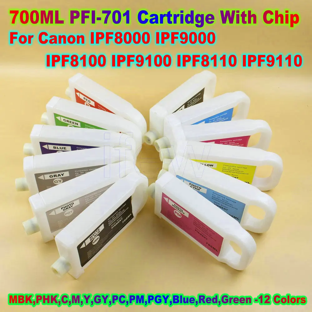 PFI701 프린터 카트리지 Canon IPF8000 IPF9000 IPF8100 IPF9100 IPF8110 IPF9110 부품 용 칩이있는 PFI 701 잉크 카트리지 탱크