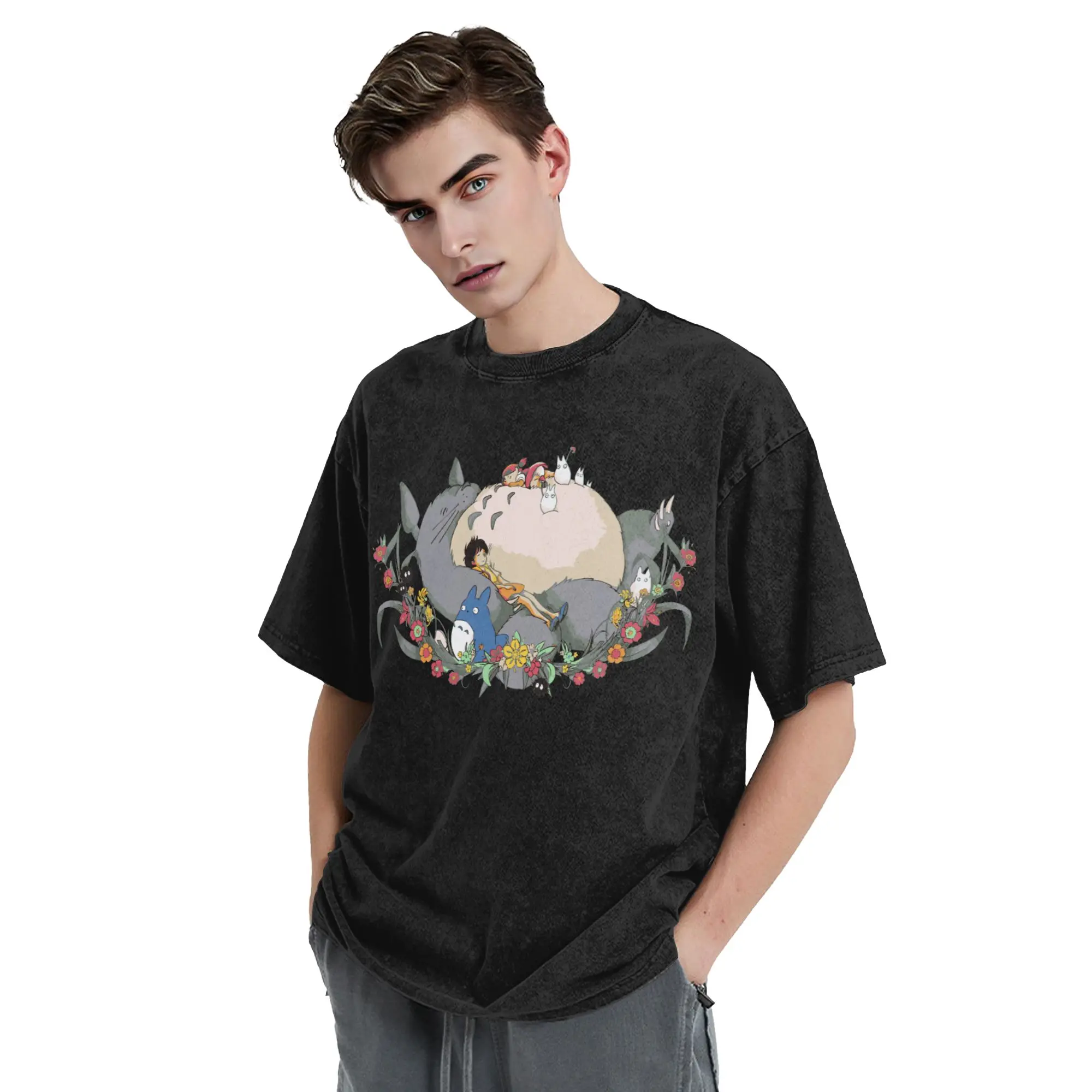 Totoro-Miyazaki Anime Tees Hip Hop Washed 100% Cotton Oversize 3