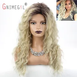 GNIMEGIL Long Curly Wavy Wigs for Women Brown Roots Ombre Blonde Fluffy Curly Synthetic Costume Party Wig Free Part Hairline Wig