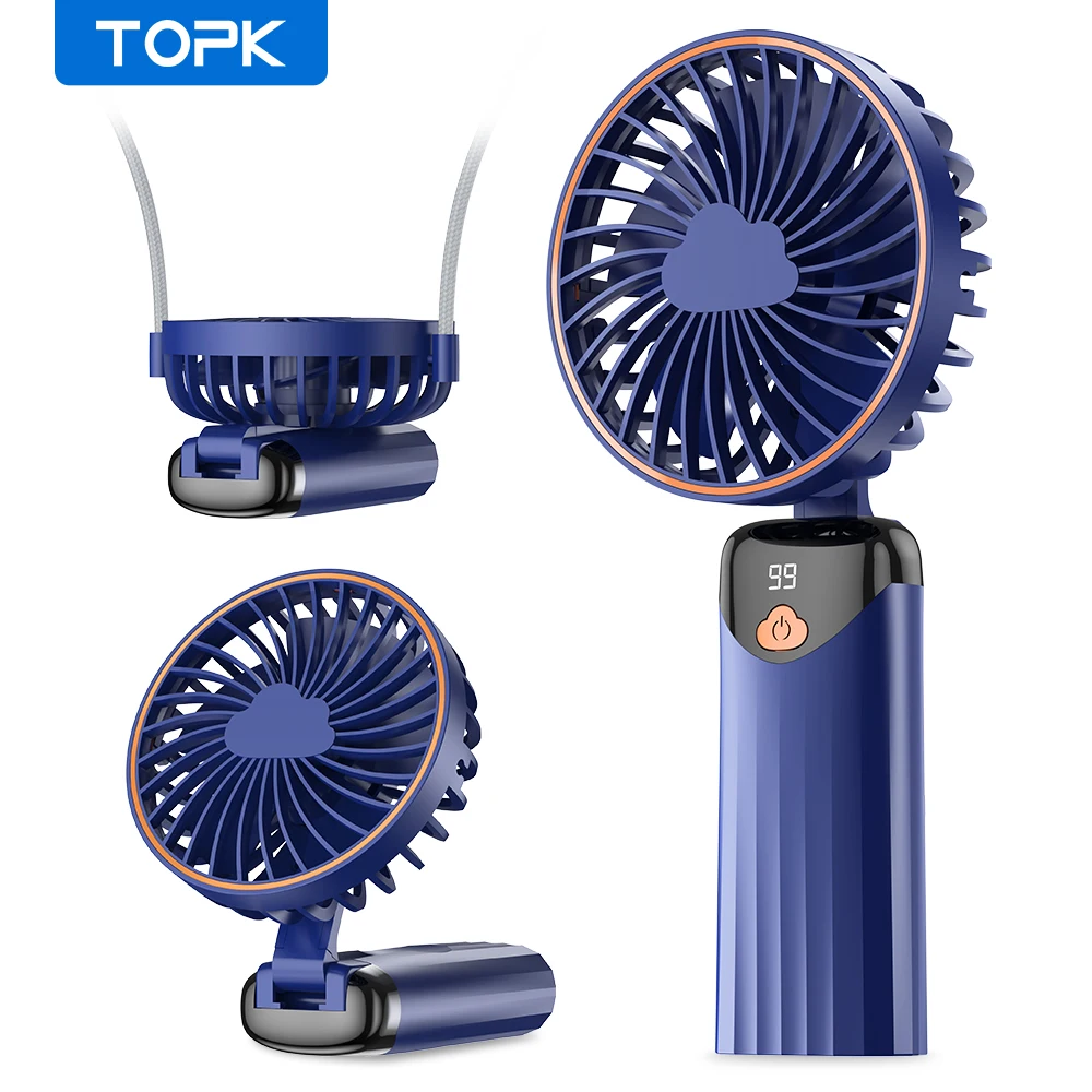 TOPK USB Fan Portable Handheld Fold Office Desktop Multifunctional Folding Double Battery 3000mAh Electric Fan With Neck Lanyard