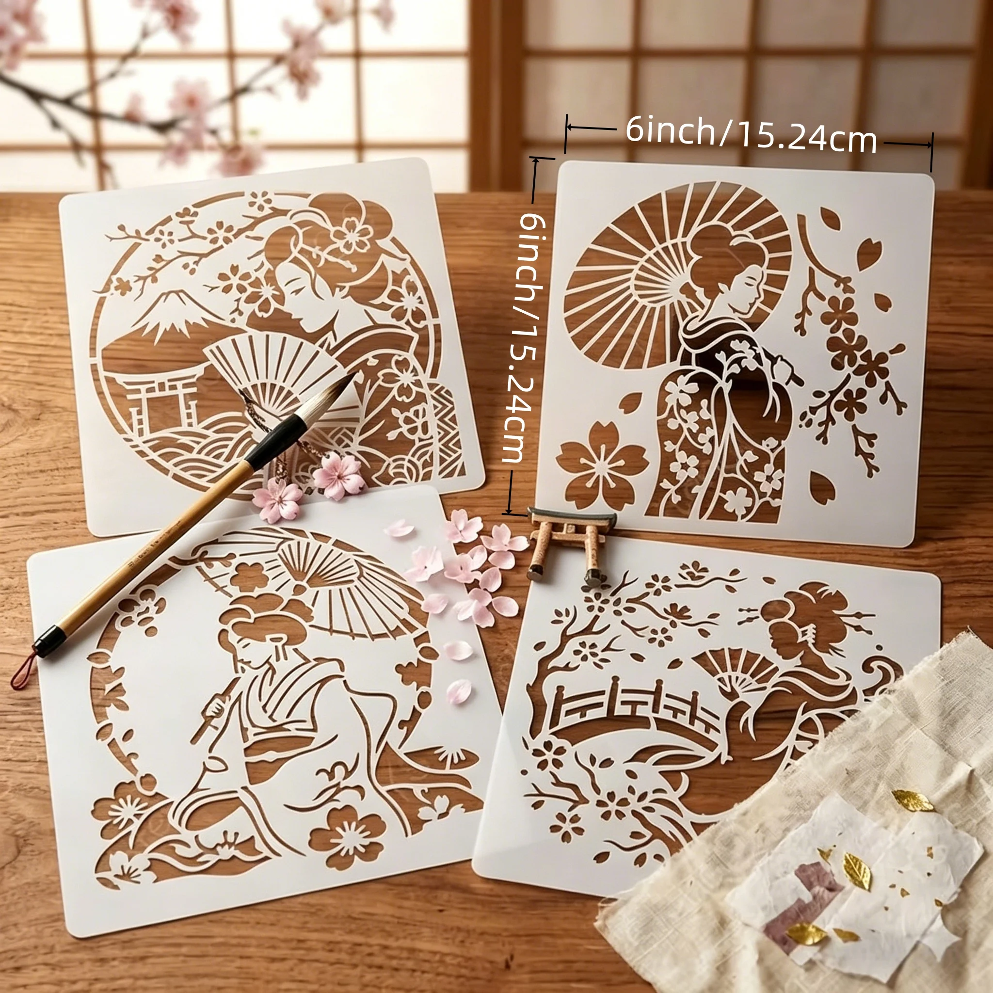 일본 게이샤 스텐실 4개, 재사용 가능한 일본 게이샤 ? ? 벚꽃, 후지산을 그린 DIY 공예품, 벽 예술, 직물에 그림을 그리기 위한 작품