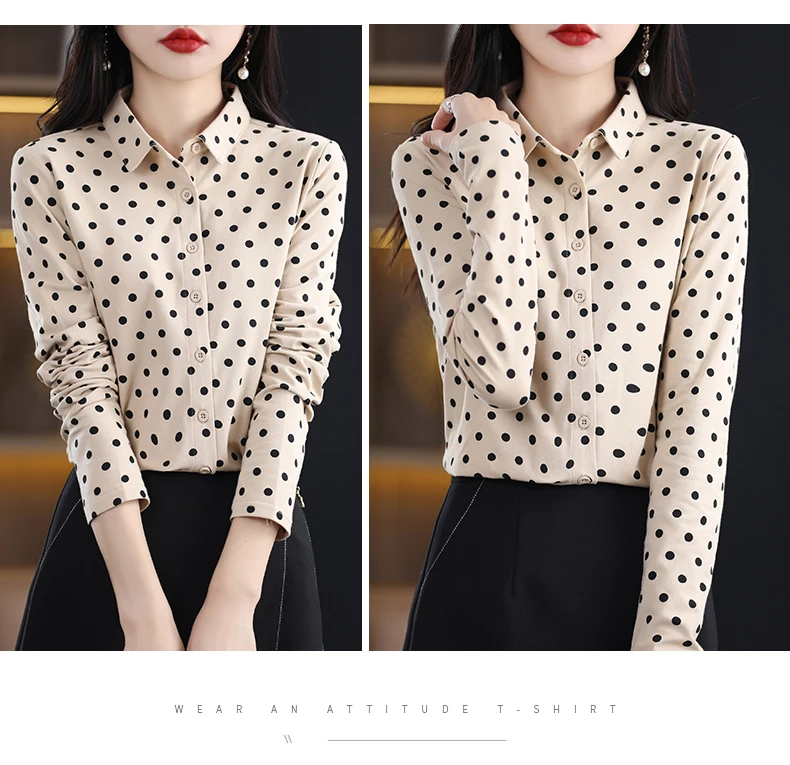 Women's New 100% Cotton Soft Sweater Polka-dot Knitted Polo Collar Long Sleeve Cardigan Spring Summer Shirt Ladies' Blouse Top