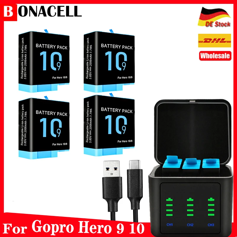 Bonacell 2000mAh for Gopro Hero 10 Hero 9 Hero 7 hero 6 hero 5 Black Battery for Go Pro Hero7 6 hero5 Black camera Accessories camera wires