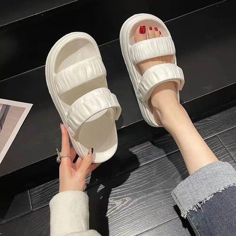 Summer Height Shoes for Women 2025 White Sandals Round Toe Slides