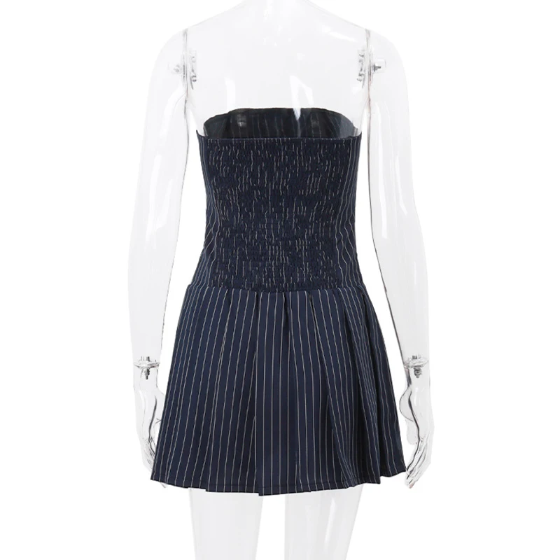 Strapless Mini Dress y2k Aesthetic Clothes Women Striped Pleated A Line Dress 2000s Cocktail Party Dresses Streetwear