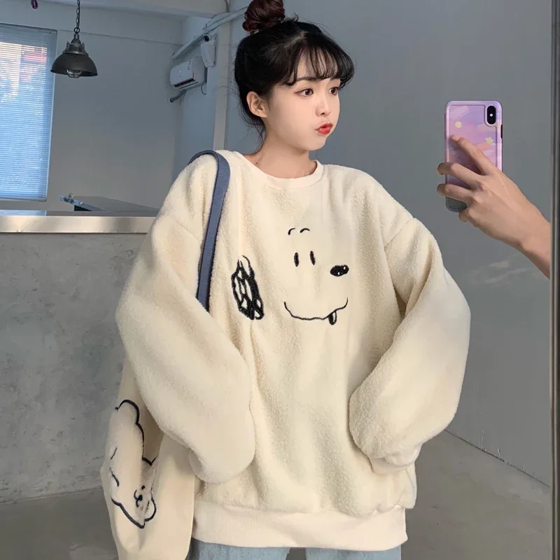 Winter New Arrivals Women Hoodie Sweatshirt Sweet Girly Style Apricot Lamb Wool Embroidery Cute Puppy Female Loose Pullover
