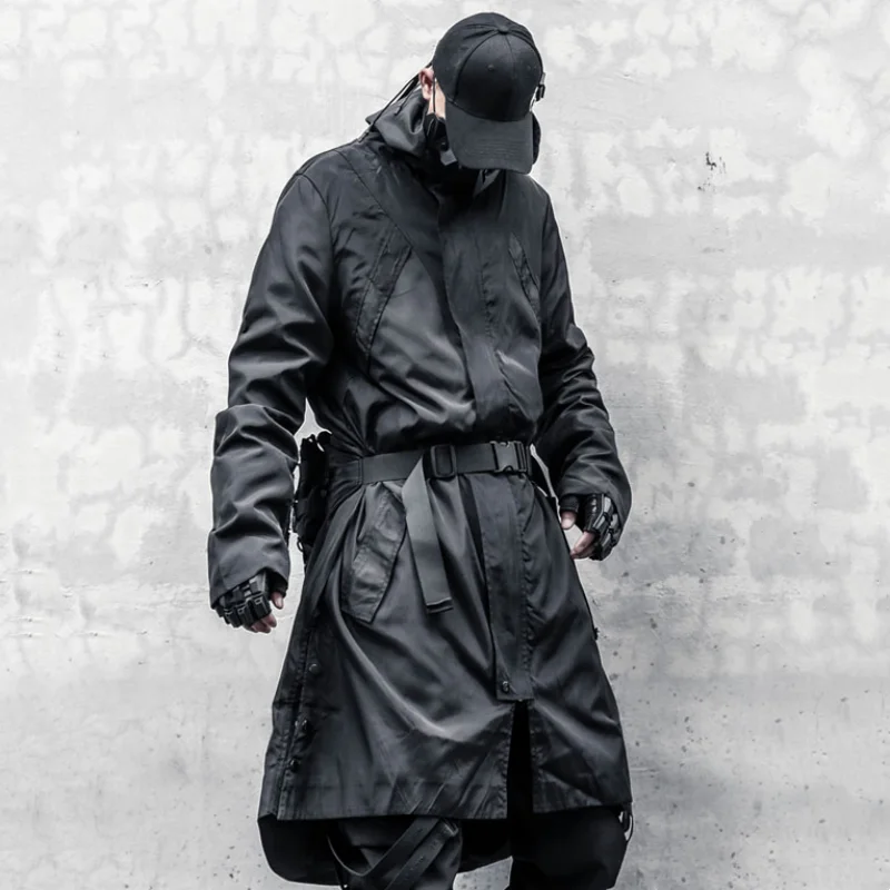 Niche Design Sense Detachable Neckerchief Mid-length Trench Coat Mens Clothing Y2K Punk High Street Tactical Function Jackets