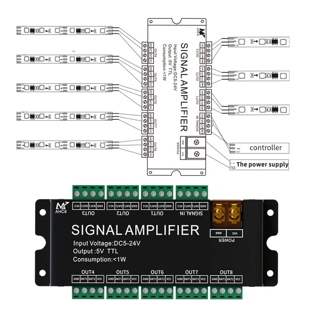 WS2812B 8 채널 매직 Singal LED 스트립 증폭기 5V SPI TTL 신호 출력 지원 WS2811/WS2815/WS2813/SK6812 빛 DC5-24V