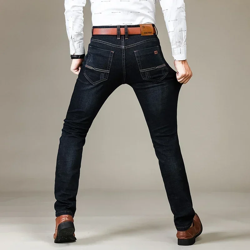 2024 Business Men's Jeans Casual Straight Stretch Fashion Classic Blue Black Work Denim Trousers Male Brand Clothing