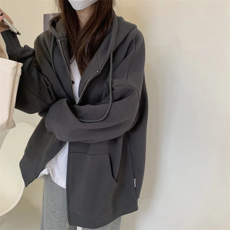 

Korean Style Women Zip Hoodie Pure Colour Casual Oversized Hoodie Female Streetwear Y2k Zip Up Hoodie Loose Student Clothes