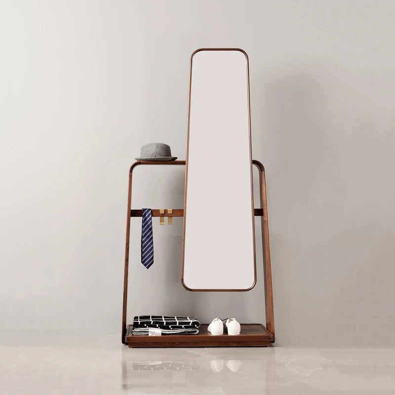 

Black Walnut Wooden Clothes and Hat Rack Wearing Mirror 2-in-1 Solid Wood Hanger Full body Floor Household Fitting