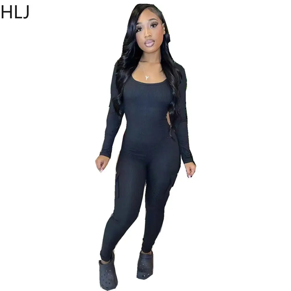 HLJ Sexy Solid Color Ribber Bodycon Jumpsuits Women Round Neck Long Sleeve Skinny Pants One Piece Playsuit Female Sporty Overall
