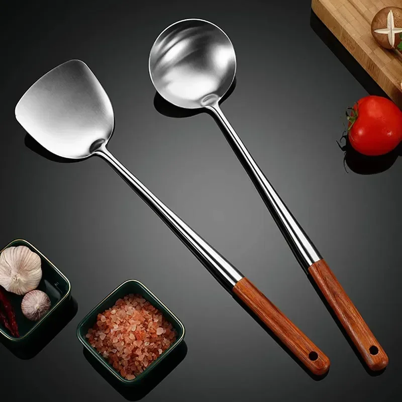 304 Stainless Steel Long Handle Wok Spatula, Spoon Colander, Kitchen Cooking Utensil Set, Safety Anti-Scalding, Does Not Rust
