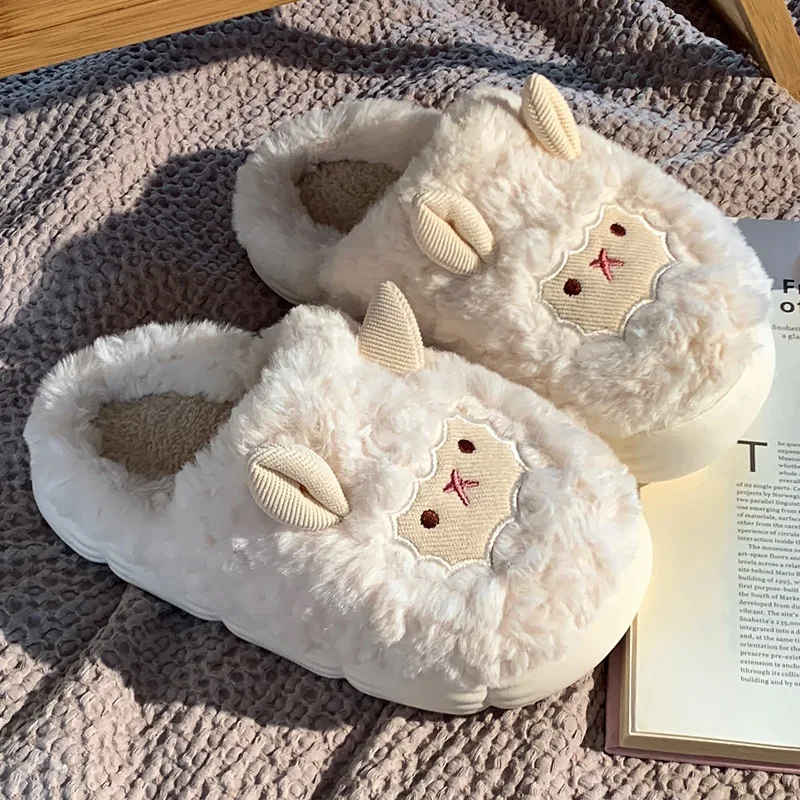 Women Lovely Sheep Fluffy Slippers Men Fashion Animals Non-slip Plush Slides Lovers Soft Warm Cartoon House Shoes For Winter 3