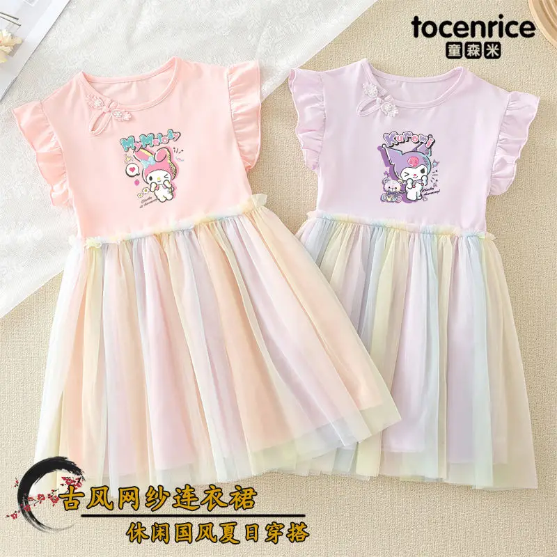 

2024 Kuromi My Melody Girls Dress Sanrio Kawaii Anime Print Tops Summer Sweet Cute Babys Korean Tide Princess Dress Gift for Kid
