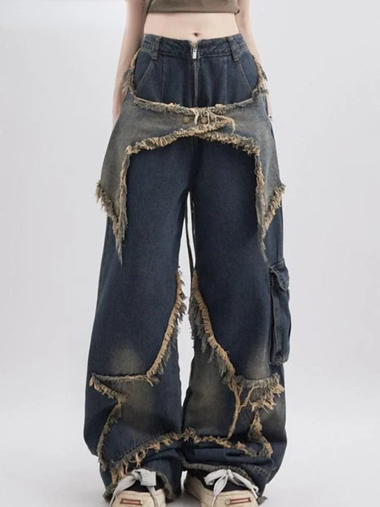 Cargo Jeans Pants Women Street Loose Oversize Panelled Pentacle Raw Hem Pant 2023 Vintage Blue Hip Hop Female Denim Trousers bob mary t shirt set summer street men s fashion t shirt trousers 2 piece suit oversize round neck shirt set 6xl