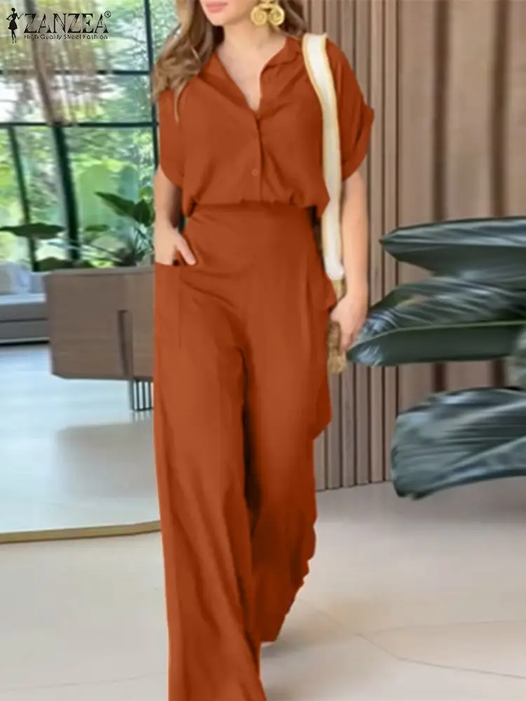 

ZANZEA Fashion Matching Sets Short Sleeve Lapel Neck Blouse Loose Pants Two Piece Sets Woman Elegant Solid Tracksuits Oversized
