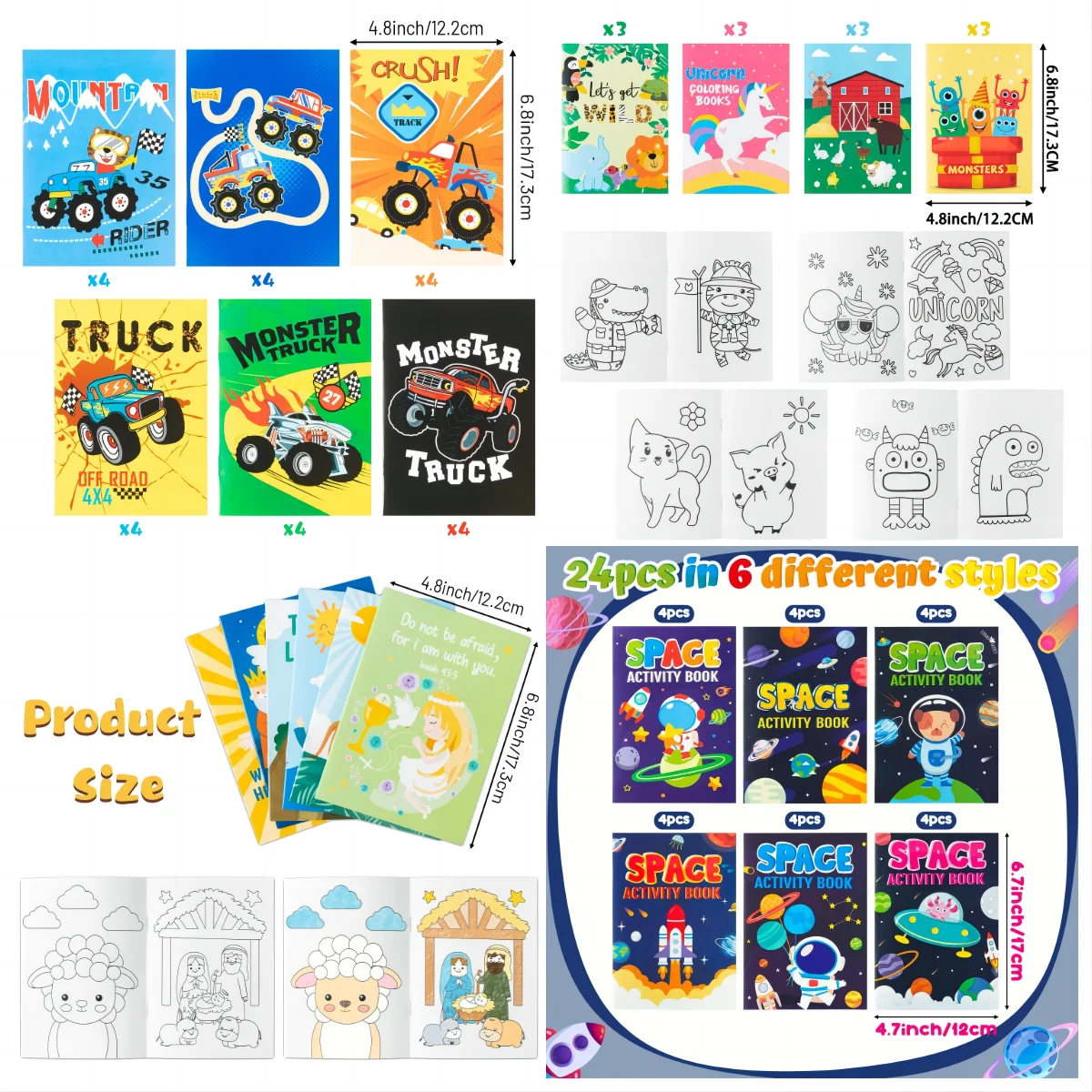 24Pcs Cartoon Puzzle Coloring Book Set,Kids Favor Space/Monster Truck/Scripture/Animals Painting Book For Birthday,Anniversary 2