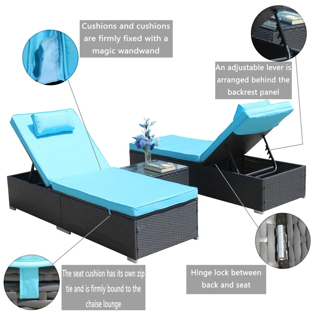 3-Piece Outdoor Patio Furniture Set Chaise, Couch Cushioned with Glass Coffee Table, Adjustable Back and Feet, Lounger Chair 3
