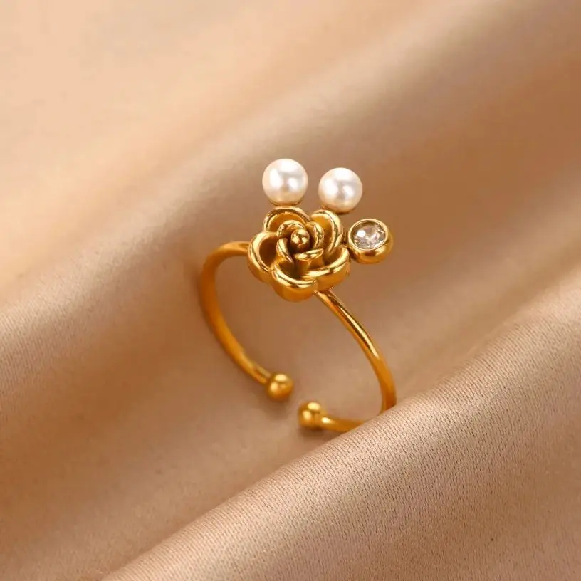 Rose Pearl Flower Shape Ring Women Gold Color Adjustable Stainless Steel