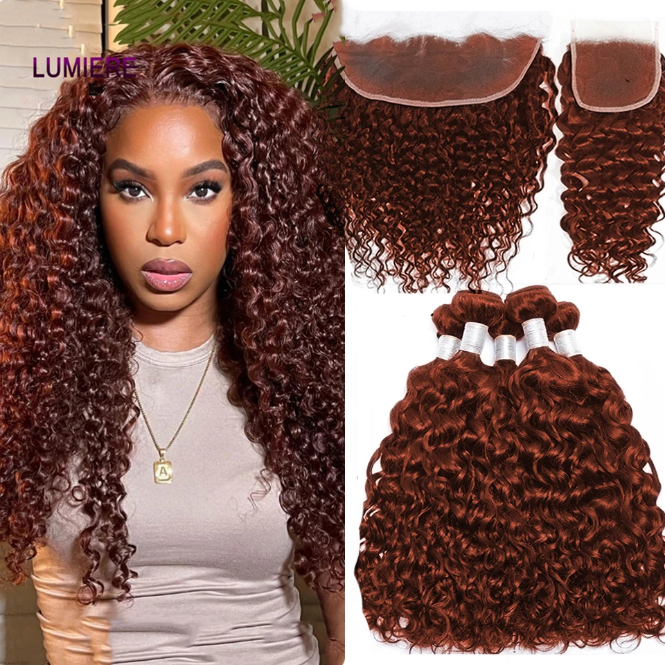 # 33 castanho ruivo água profunda encaracolado onda pacotes de cabelo  humano com fechamento de renda transparente hd frontal virgem extensão do  pacote de cabelo - AliExpress, image size:960x960
