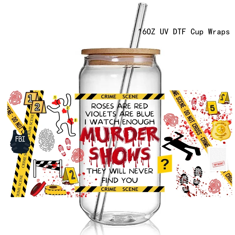 Sticker Cups UV DTF Wrap Transfer Halloween 3D UV DTF Cup Wrap Transfers Stickers Coffee Murder Shows Libbey Glass