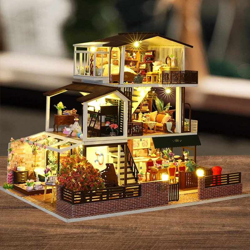 

Diy Wooden Doll Houses Miniature Building Kits With Furniture Light Assembly Romantic Big Casa Dollhouse Toys For Girls Gifts