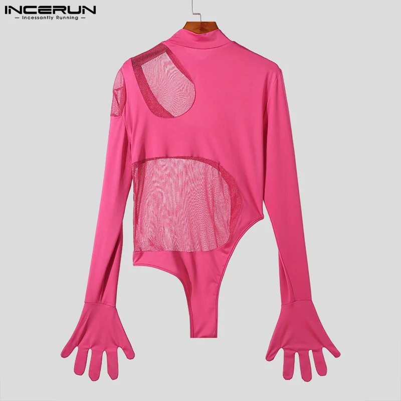 INCERUN 2024 Sexy Men Loungewear Hollow Patchwork Mesh Half High Neck Bodysuit Male Thin Long Sleeved Triangular Jumpsuits S-3XL