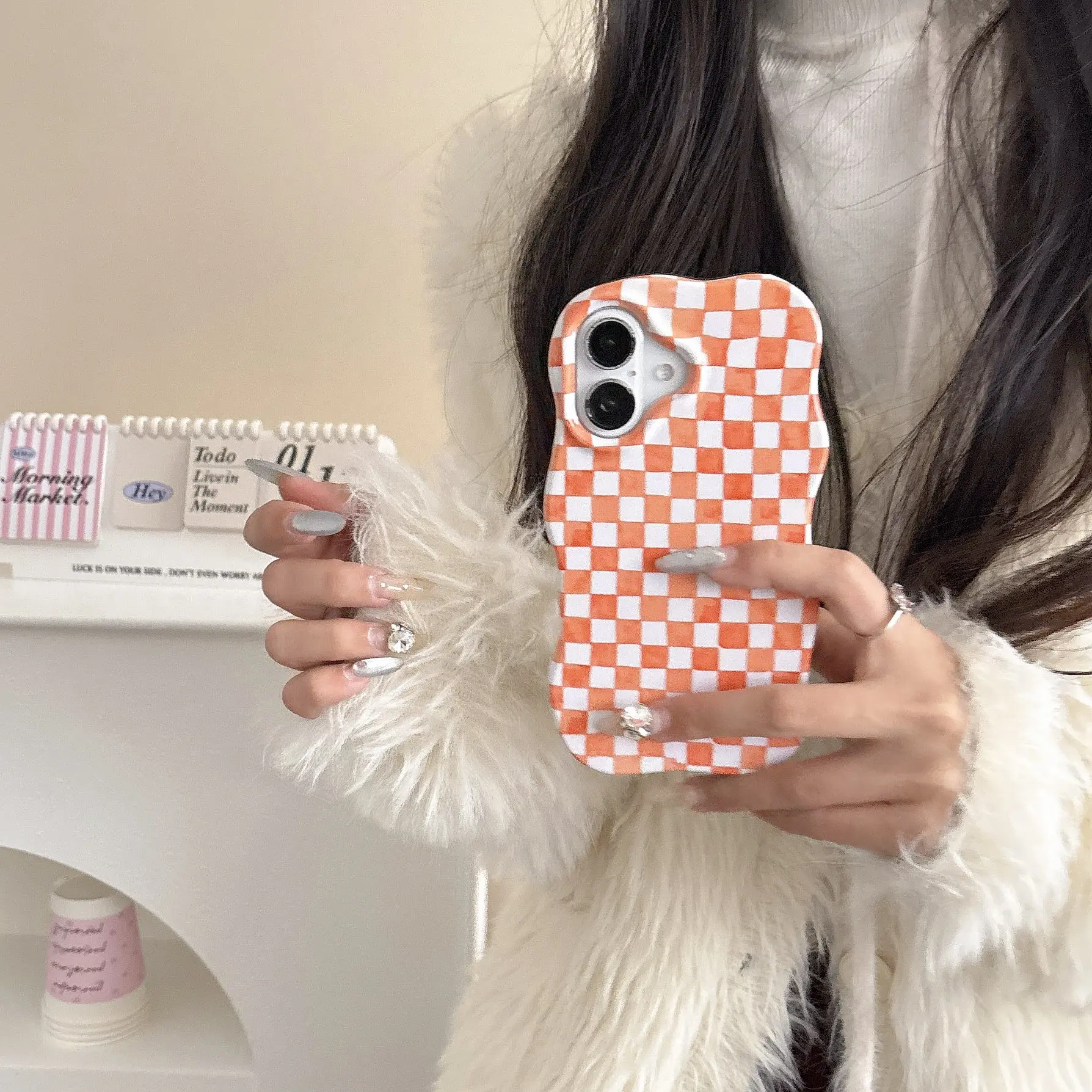 Grid Glossy 2-in-1 TPU+PC Phone Case with Wave Edges and Comfortable Touch - Hard Slim Back Cover Shell