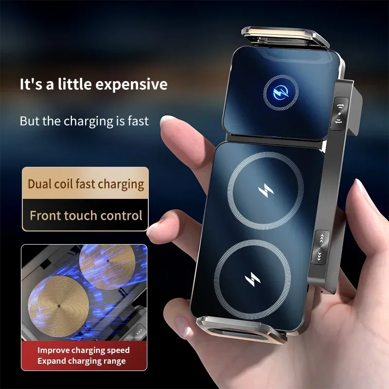 Automatisches kabelloses Dual-Coil-Ladegerät für iPhone Samsung Galaxy Z Fold 2 Flip 4 3 Telefonhalter Auto-Schnellladestation_voghion.com