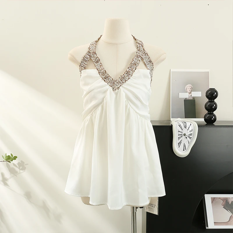 

French Style Sexy Halter Small Gown Women Summer V-Neck Backless Suspender Dresses Fashion Exquisite Cocktail Dress