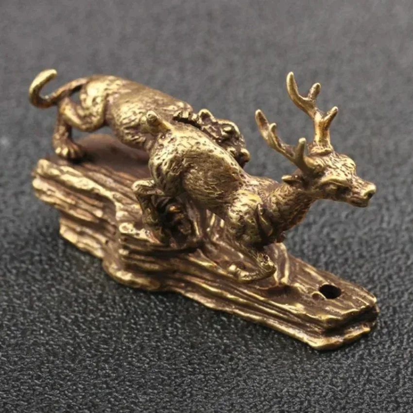 Small Ornament Antique Bronze Animal Miniature Home Desk Decorations Craft Tiger King Catching Deer Dragon and Dinosaur Statue