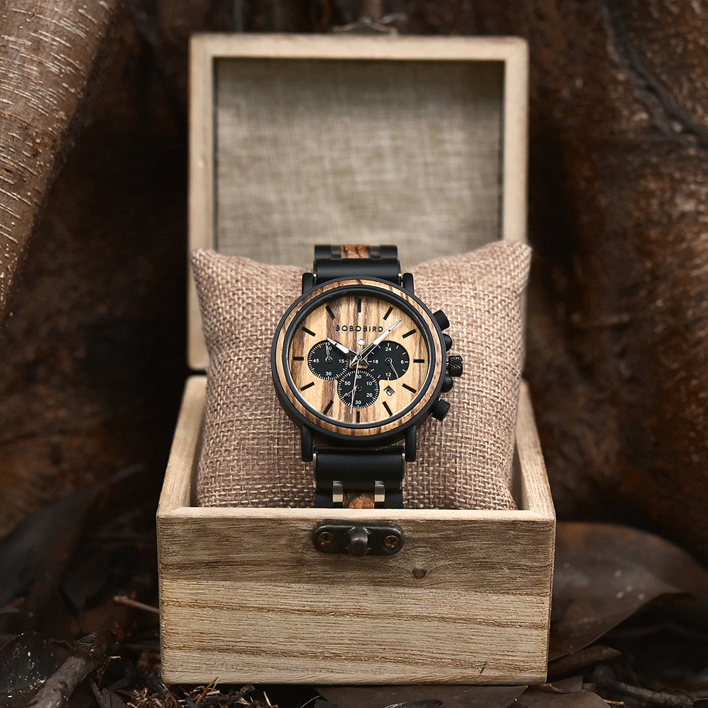 BOBO BIRD Mens Watches, Wooden Analog Quartz Watch Chronograph Quartz Wristwatch