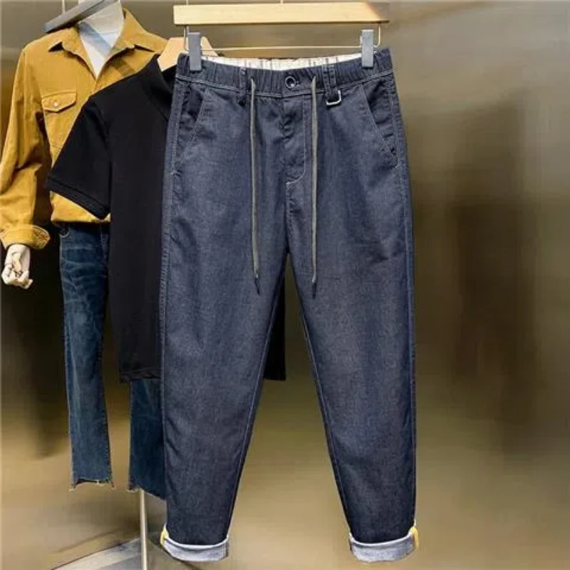 

Spring Autumn New Fashion Solid Color Elastic Waist Jeans Men's Clothing Drawstring Pockets Chaopai Casual Loose Straight Pants
