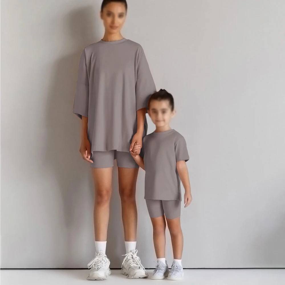 2026 Family Matching Mother Daughter Summer Sets Solid Cotton Lounge Suit For Outfits Clothes Boys Girls Sports Leggings - 4