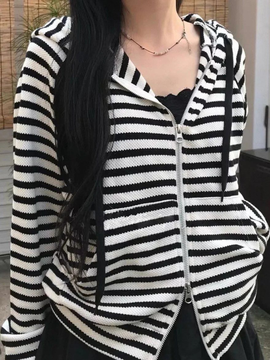 Retro Striped Hoodie Jaet Women's Small Size Faionable Youthful Zipper Outerwear Open Cardigan Long Sve Top