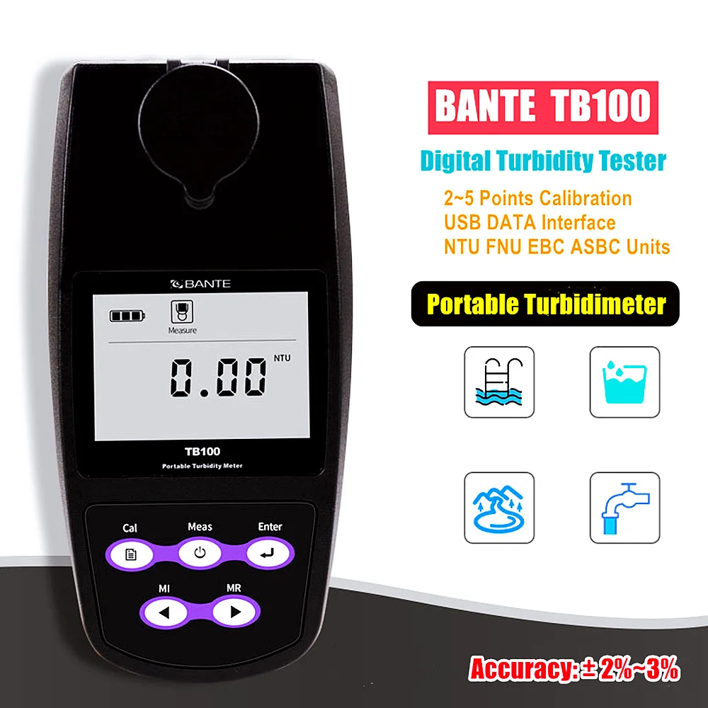 

BANTE TB100 Portable Digital Turbidimeter USB DATA 2 to 5 Points Calibration Turbidity Tester Units NTU FNU EBC ASBC