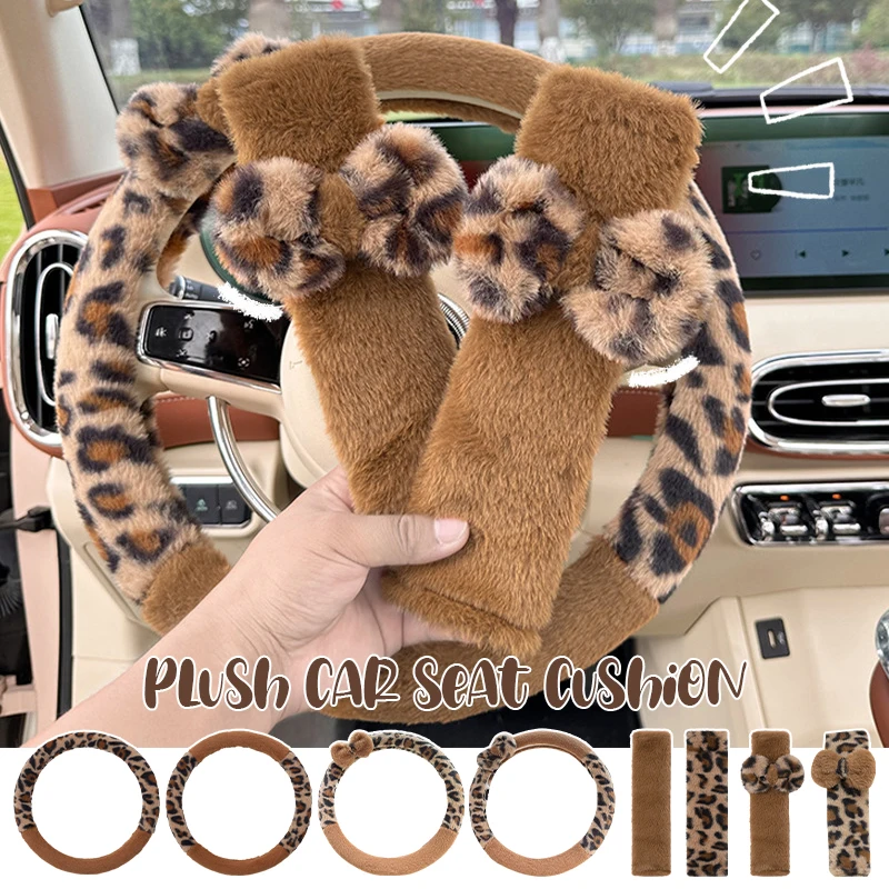 Fashion Leopard Print Car Seat Cover Soft Plush Leopard Steering Wheel Cover Winter Women Auto Interior Accessories Seat Pad
