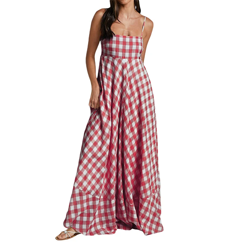 Summer Long Dresses Women Plaid Print Spaghetti Strap Sleeveless A Line Dresss Vacation Party Dresses Beachwear