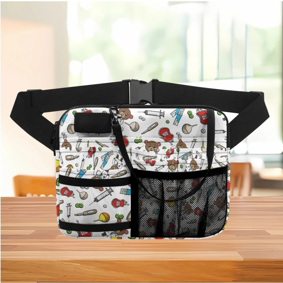 Sac banane multi-poches pour infirmière, sacs de ceinture médicale, design mignon d'ours de dessin animé, sac de taille décontracté, sangle réglable